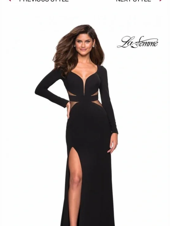 La Femme Black Long-Sleeve Cutout Maxi Gown with High Slit - Picture 3 of 6